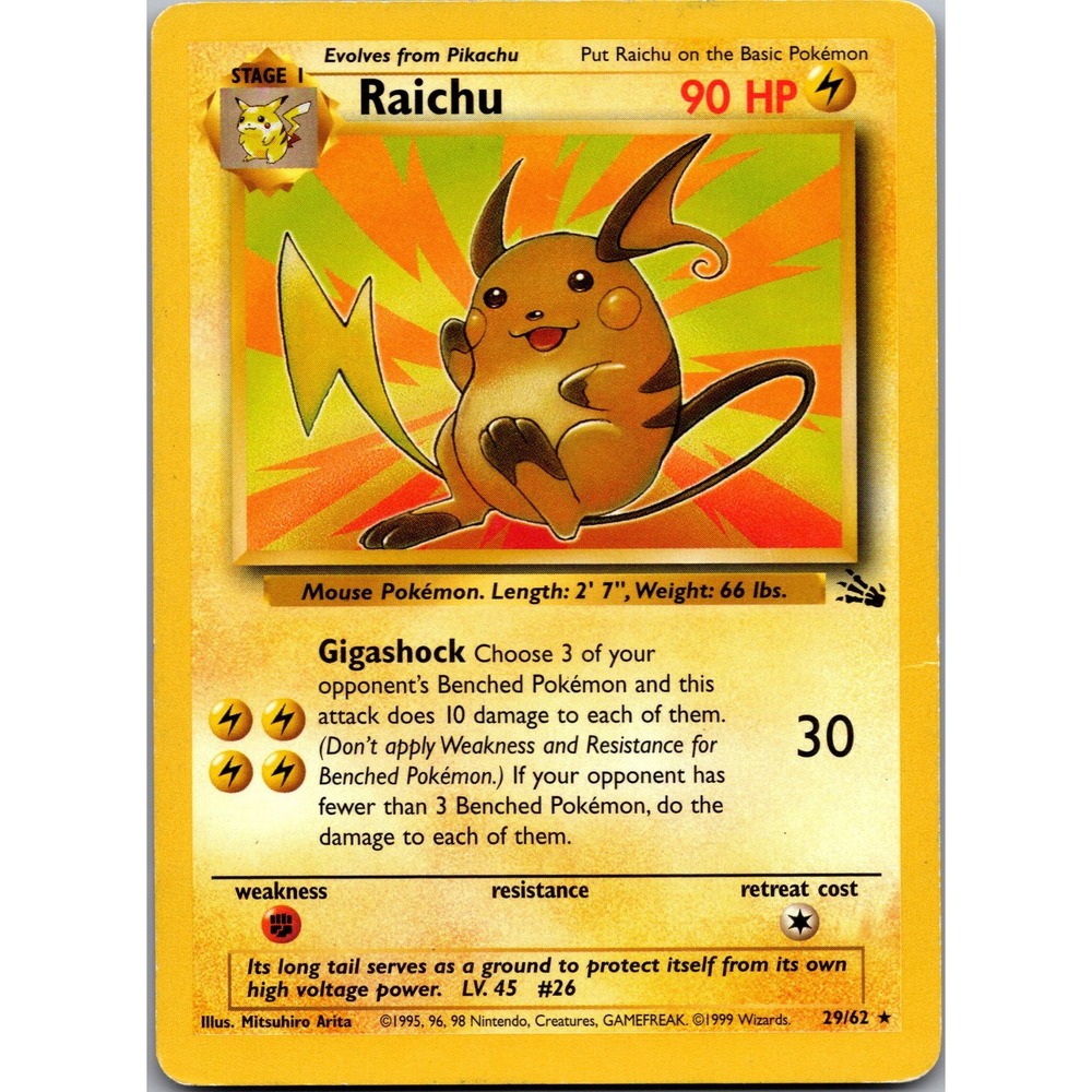 Pokemon Raichu 29/62 Rare Fossil Set Unlimited WOTC Vintage TCG Card LP